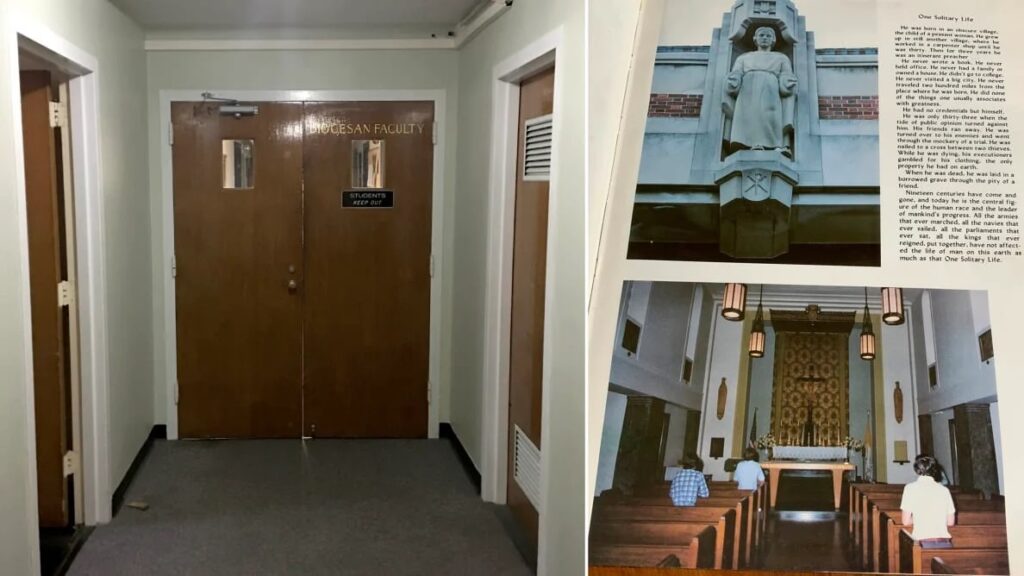 Left: The doorway to the third-floor Stepinac priest quarters—“Diocesan Faculty Only. Students Keep Out.” Right: Inside Peter’s Stepinac yearbook, the author finds the photo of the Jesus sculpture and chapel.  Courtesy Jenny Grosvenor