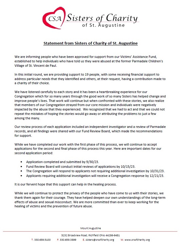 Statement from Sisters of Charity of St. Augustine