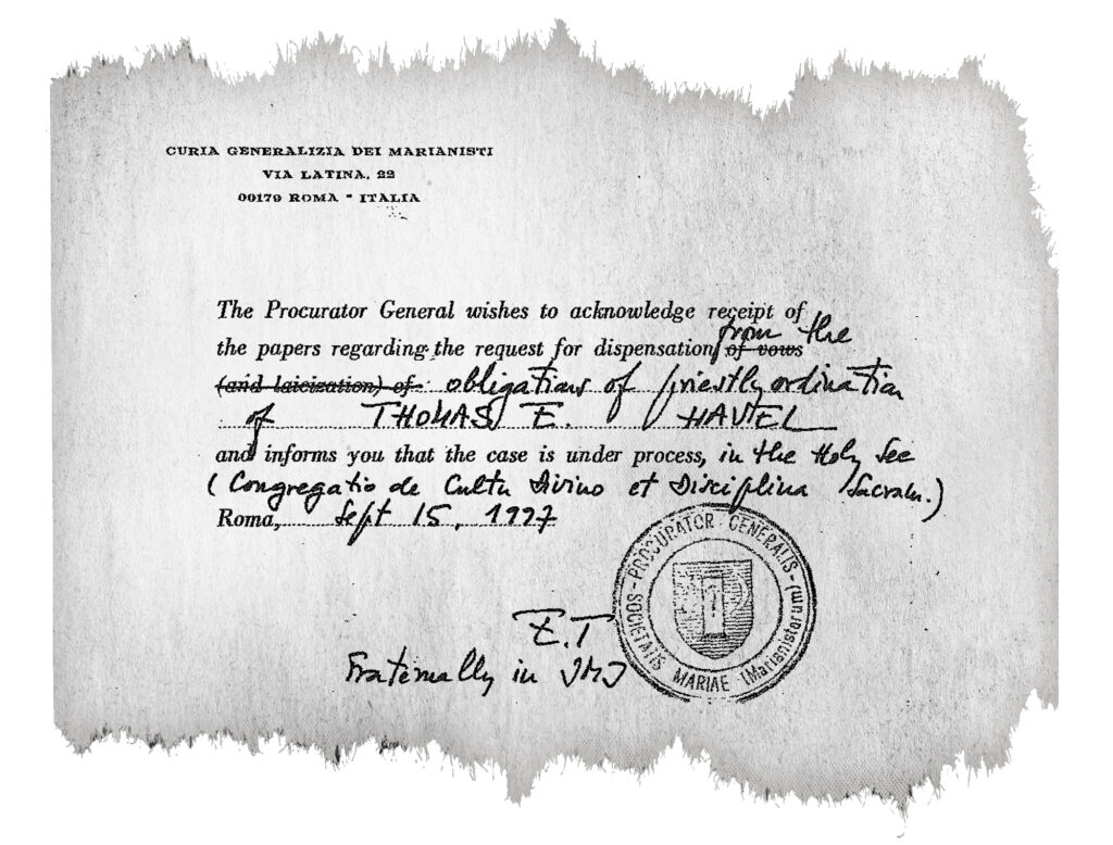 A document confirming Havel's dispensation from the priesthood in 1997. Courtesy Archdiocese of Los Angeles. Graphic by Kristin Brown.