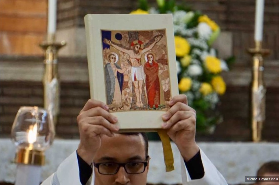 Catholics erupted with indignation after Rupnik’s artwork, printed on the cover of the Book of the Gospels, was held aloft in procession at the installation of US papal nuncio Cardinal Christoph Pierre to his titular church of St. Benedict Outside St. Paul's Gate, Rome, on April 21.