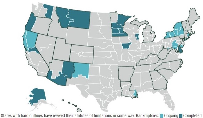U.S. Dioceses in Bankruptcy as of May 28, 2024. Sources: Prof. Marie T. Reilly via The Catholic Project, Diocese boundaries by Gavin Rehkemper.