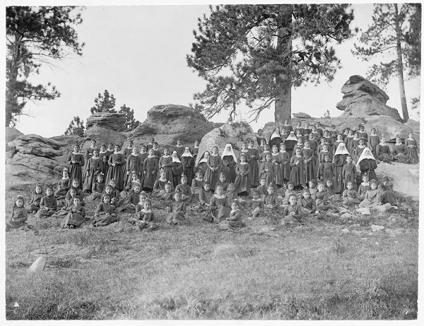 A photo taken in about 1905 of female students and several sisters at St. Paul in Hays, Mont. (Montana Historical Society Library and Archives)