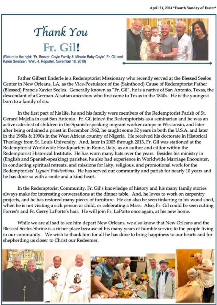 A church bulletin bids farewell to Gilbert Enderle after Lisa Friloux’s initial reports about his alleged abuse prompted the New Orleans archdiocese to ‘reassign’ the priest to Missouri.