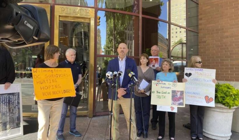 A SNAP news conference on Wednesday, September 4, 2024, outside the Maryland attorney general's Baltimore office, including David Schappelle (speaking), and to his left, Teresa Lancaster, David Lorenz (SNAP's Maryland Director), and Betsy Schindler.