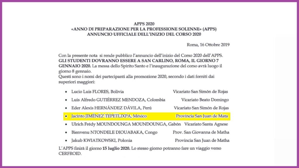 The instruction to the new brothers or friars of the Trinitarian order regarding the day and location of their solemn vows, 2019.