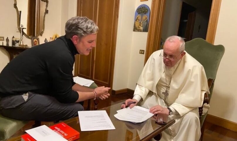 Juan Carlos Cruz sits with Pope Francis on Jan. 22, 2022. Courtesy Juan Carlos Cruz