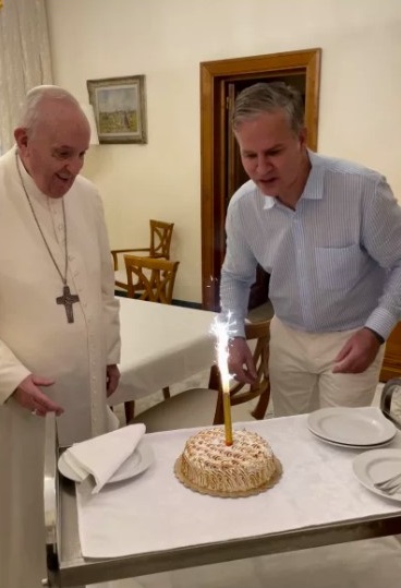 Pope Francis and Juan Carlos Cruz celebrating Cruz's birthday on Aug. 13, 2023. Juan Carlos Cruz