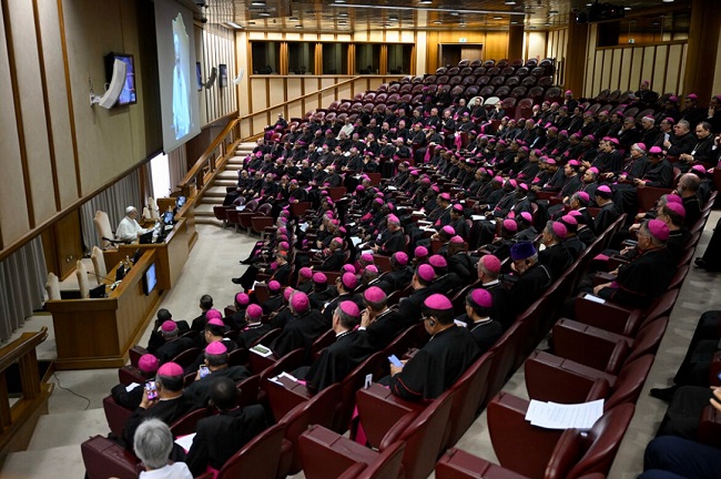Pope Leo XIV meets at the Vatican Sept. 11, 2025, with newly appointed bishops, including about a dozen from the United States, who were in Rome for a Vatican-sponsored course for new bishops. (CNS photo/Vatican Media)