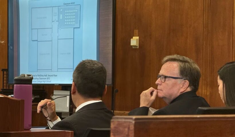 Kevin White, a Jesuit priest and former theology teacher at Boston College High School in Dorchester, in court on Thursday during the first day of his rape trial.Truman Dickerson for The Boston Globe