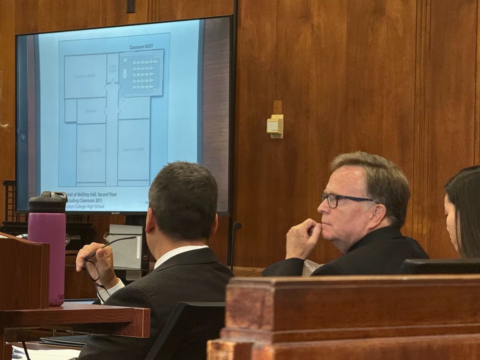 Kevin White, a Jesuit priest and former theology teacher at Boston College High School in Dorchester, in court on Thursday during the first day of his rape trial.Truman Dickerson for The Boston Globe