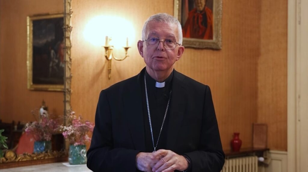 Guy de Kerimel, archbishop of Toulouse, France, promoted a priest, Dominique Spina, to chancellor despite Spina's conviction for sexually abusing a minor. The promotion was later retracted. Screenshot from a video on the diocese's Facebook account, January 2025.