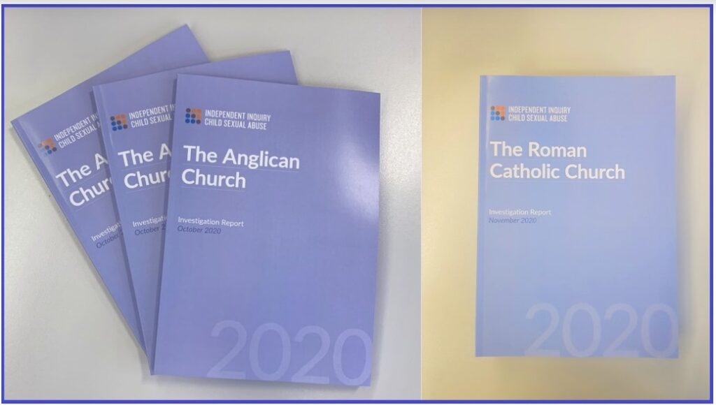Covers of the paper editions of the reports issued by IICSA in the United Kingdon in 2020 regarding sexual abuse in the Anglican and the Roman Catholic churches there. From IICSA's website.