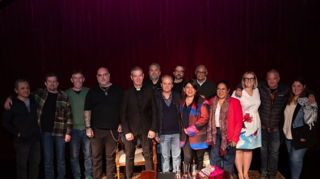 Pictured at center, wearing glasses, is José Enrique Escardó. To his left, in order, are Jordi Bertomeu (in Roman collar), Daniel Yovera, and Paola Ugaz. Third from right in the photo is Elise Ann Allen, who is sporting a white and blue dress. From Escardó's social media, 2025.