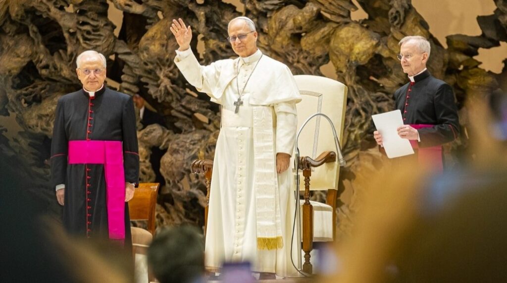 Pope Leo XIV greets those attending an event at the Paul VI hall in Rome, May 2025. Picture from the Archdiocese of Lima's social media.