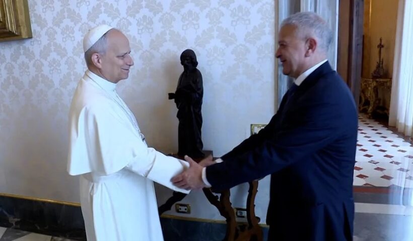 Pope Leo XIV meets Monday in the library of the Vatican’s Apostolic Palace with Pedro Salinas, a Peruvian abuse survivor and journalist. (Photo: Vatican Media)