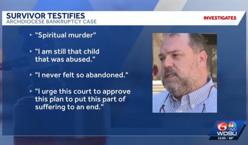 Survivor James Adams and excerpts from his statement in New Orleans bankruptcy court on December 4, 2025. Screen image from WDSU video report.