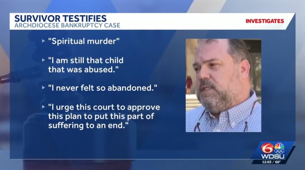 Survivor James Adams and excerpts from his statement in New Orleans bankruptcy court on December 4, 2025. Screen image from WDSU video report.
